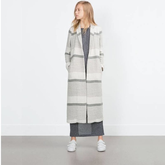 Zara Sweaters - ZARA Striped Collared Coatigan Long Duster Cardigan Small Gray Terry Cloth #6739